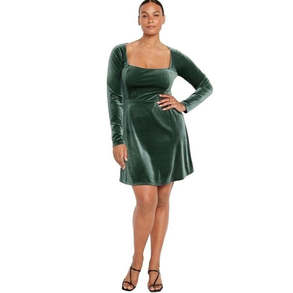 Old Navy Velvet Mini Dress Womens XL Tall Green Square Neck Long Sleeve Holiday